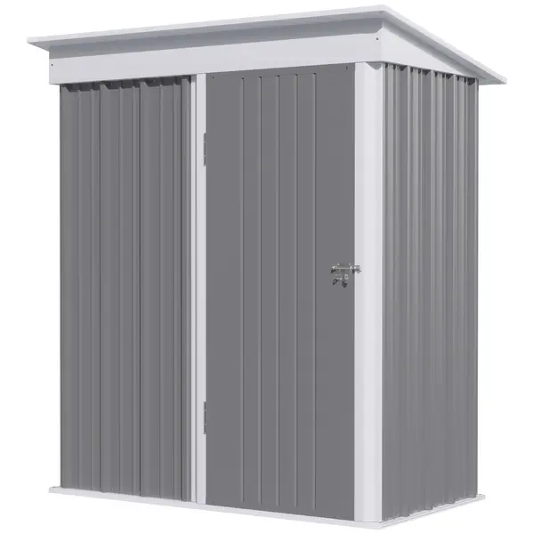 Image of Outsunny Metal Garden Shed, Outdoor Lean-to Shed for Tool Motor Bike, with Adjustable Shelf, Lock, Gloves, 5'x3'x6', Grey