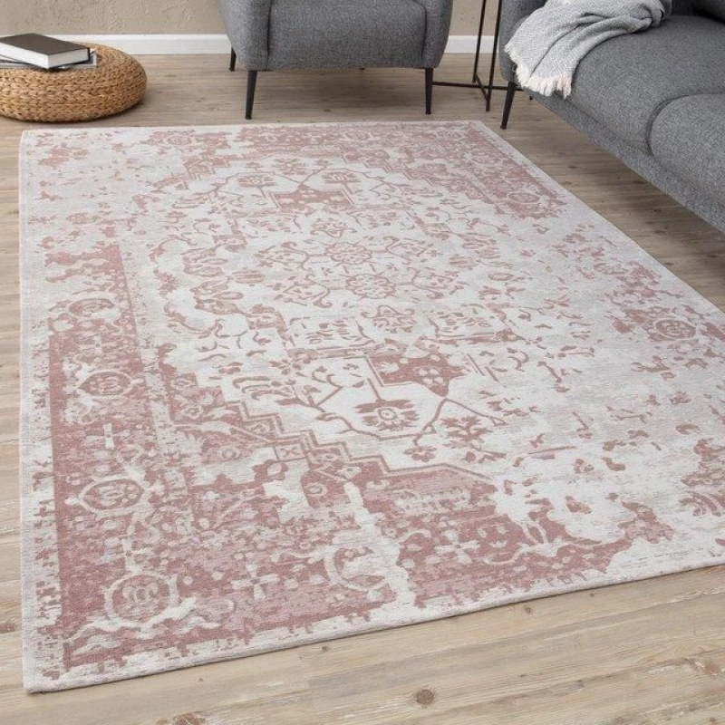 Image of THE RUGS Washable Rugs for Living Room Kitchen Bedroom Vintage Design Pink Machine Washable Area Rugs & Runners 6962 Size: 80cm x 300cm Pink Unise