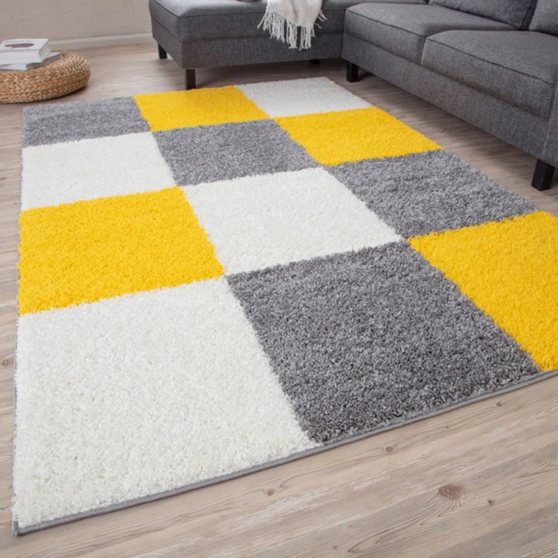 Image of THE RUGS Fluffy & Soft Shaggy Rugs Living Room Rug in Yellow - Elegant Geometric Design Carpets For Bedrooms & Kitchen 381 Size: 180cm x 270cm Y