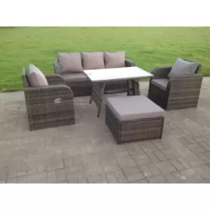 Image of Fimous 5 Seater Outdoor Dark Grey Rattan Lounge Complete Sofa Set with Oblong Rectangular Dining Table, and Big Footstool
