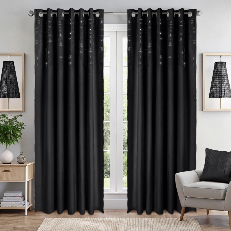 Image of Luxury Living Triple Woven Blackout Velvet Ring Top Curtains With Cascading Diamante Studs 229Cm X 183Cm Black