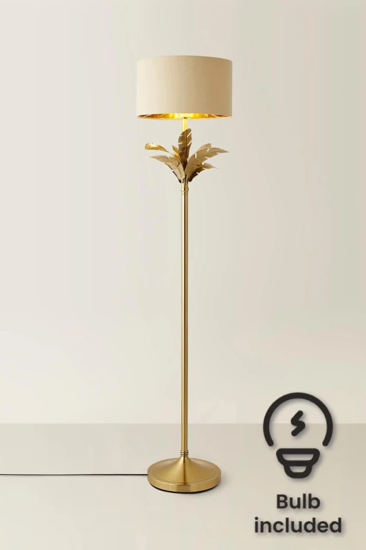 Image of ValueLights ValueLights Christina Fabric with Gold Inner Drum Shade Gold Palm Leaf Floor Lamp with Bulb in Beige Beige One Size Unisex 5059406067419