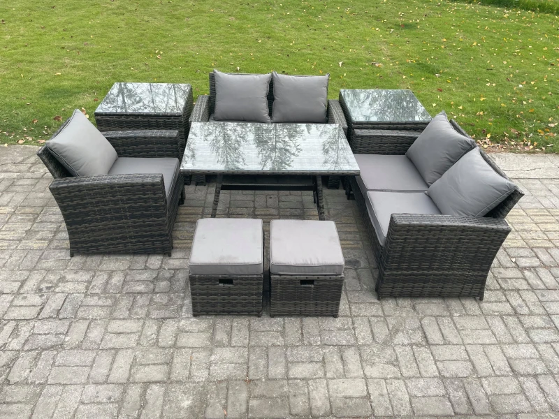 Image of Fimous Garden Dining Set Wicker PE Rattan Outdoor Furniture Sofa with Rectangular Dining Table Double Seat Sofa 2 Side Tables 2 Small Footstools Dark