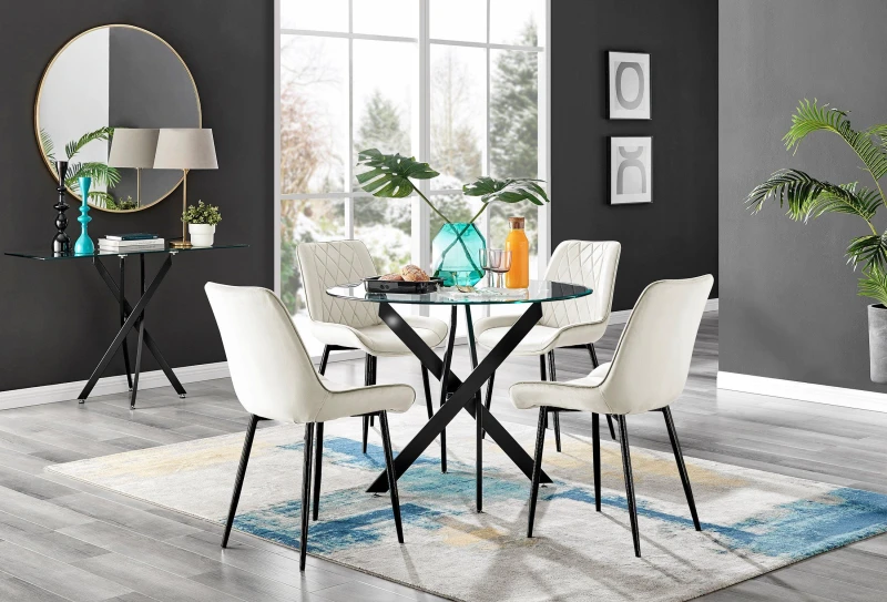 Image of FurnitureboxUK FurnitureboxUK Novara 4 Seater Black Leg Round Glass Dining Table & 4 Pesaro Soft Velvet Black Leg Chairs in Cream Cream One Size Unise
