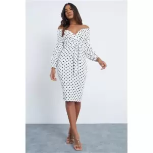 Image of I Saw It First White Polka Dot Balloon Sleeve Bardot Wrap Bodycon Mini Dress - White