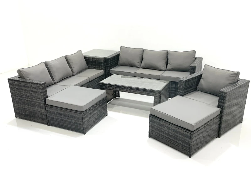 Image of Fimous 9 Seater Rattan Garden Outdoor Furniture Set with 3 Seater Sofa Coffee Table 2 Big Footstool Side table Dark Grey