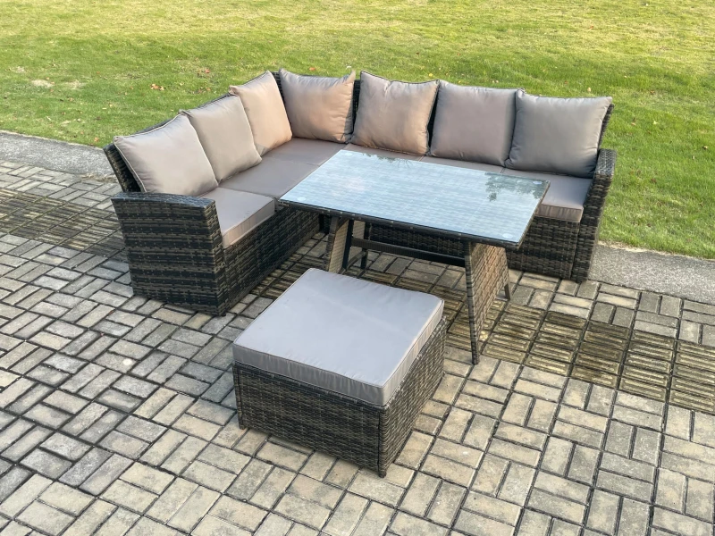 Image of Fimous Outdoor Furniture Garden Dining Set Rattan Corner Sofa Set with Rectangular Dining Table Big Footstool Dark Grey
