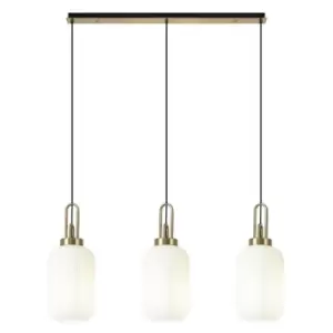 Image of Luminosa Linear 3 Light Pendant E27 With 20cm Tubular Ribbed Glass, Opal Brass Gold, Matt Black