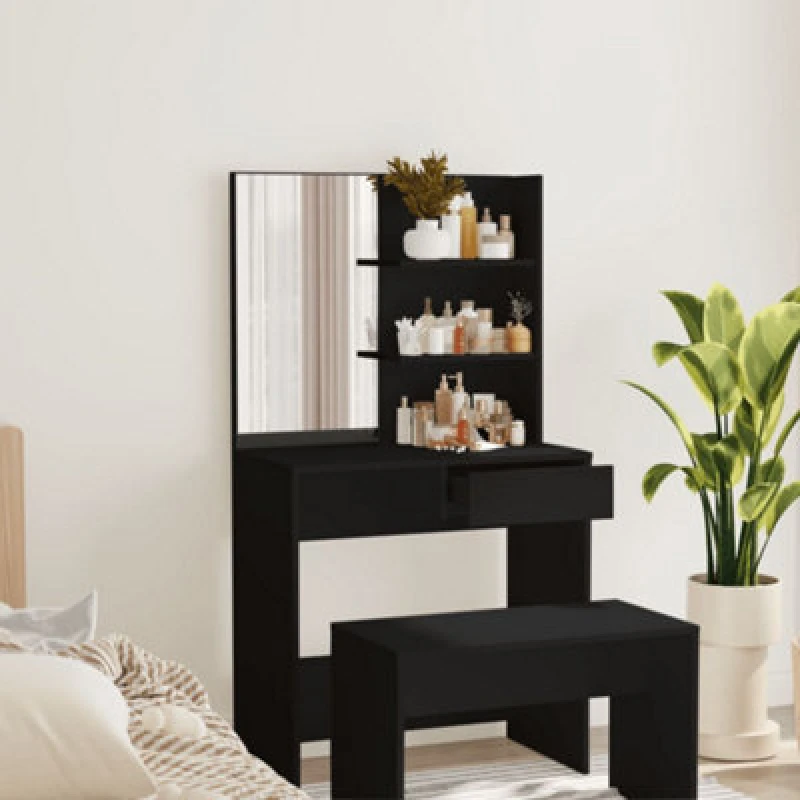 Image of Vidaxl Dressing Table With Mirror Black 74.5X40X141 Cm, Black 802805