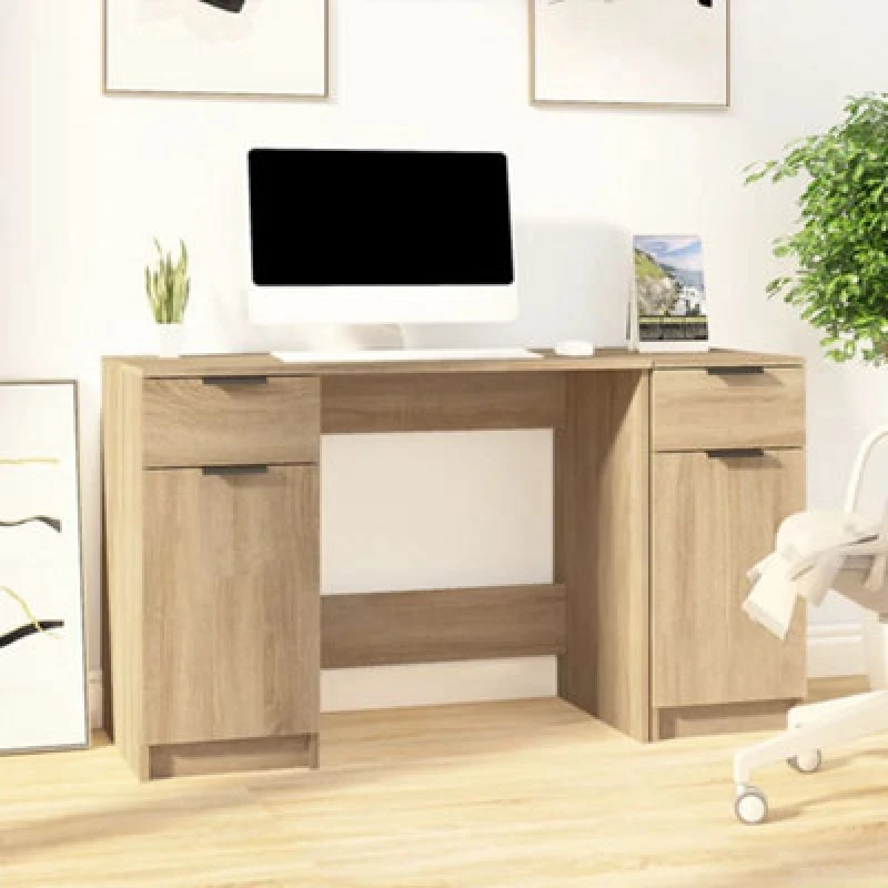 Image of Vidaxl Desk With Side Cabinet Sonoma Oak Engineered Wood, Brown 3115910