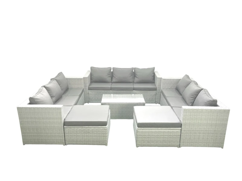 Image of Fimous Rattan Garden Outdoor Furniture Set 11 Seater Garden Sofa Coffee Table Set with 2 Big Footstools Light Grey Mixed Light Grey