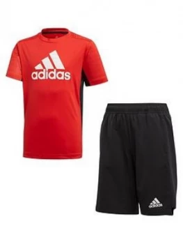 Image of Adidas Junior Boys Tee And Short Set - Red Black