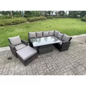 Image of Fimous 7 Seater Outdoor Dark Grey Rattan Lounge Complete Sofa Set Right Side with Adjustable Dining Table and Big Footstool