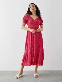 Image of Dorothy Perkins Floral Shirred Waist Midi Dress - Red, Size 10, Women