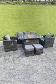 Image of Fimous 5 Seater Outdoor Dark Grey Rattan Lounge Complete Sofa Set with Gas Fire Pit Table Heater, and 2 Stools