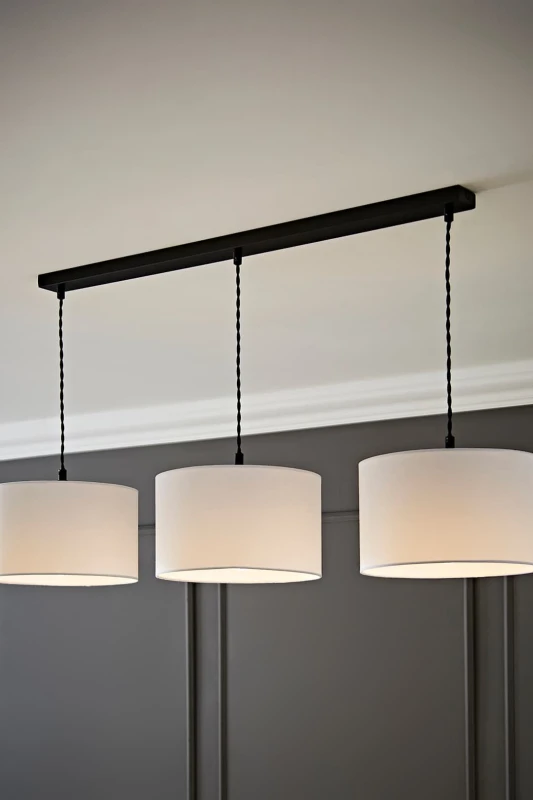 Image of ValueLights ValueLights Reni Fabric Drum Shade 3 Drop Bar Matte Black Diner Ceiling Pendant Light in White White One Size Unisex 5059406063169