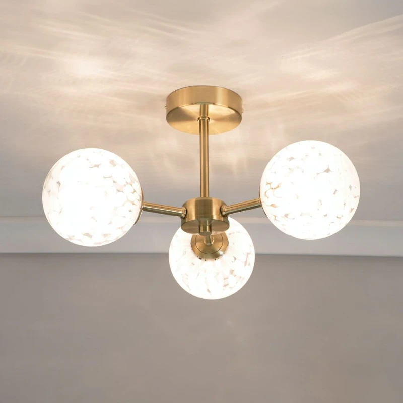 Image of ValueLights India White Confetti Glass 3 Way Flush Ceiling Light with LED Bulbs Gold