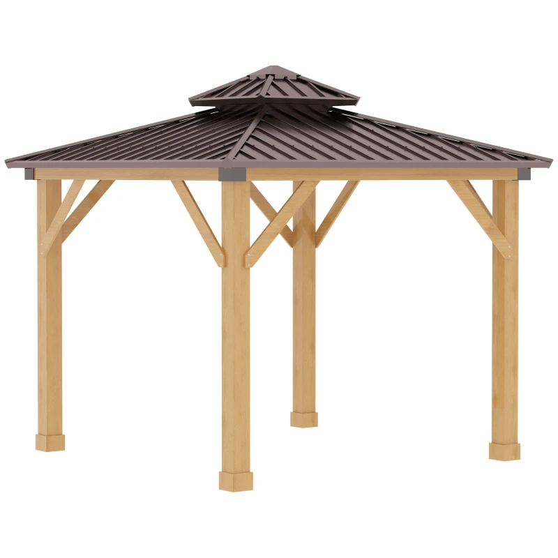 Image of Outsunny 3x(3)M Double-Tier Hardtop Gazebo Outdoor Patio Shelter w/ Wood Frame Brown