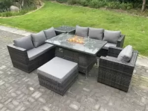 Image of Fimous 7 Seater Outdoor Dark Grey Rattan Lounge Complete Sofa Set with Gas Fire Pit Dining Table and Big Footstool