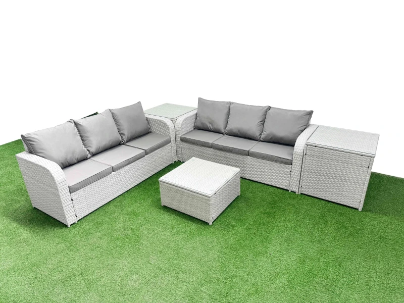 Image of Fimous Outdoor Garden Furniture Sets 6 Seater Wicker Rattan Furniture Sofa Sets with Square Coffee Table high Back Lounge Sofa 2 Side Table Light Grey