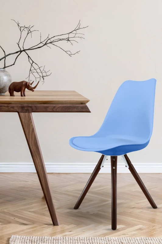 Image of Fusion Living Soho Plastic Dining Chair with Pyramid Dark Wood Legs Light Blue