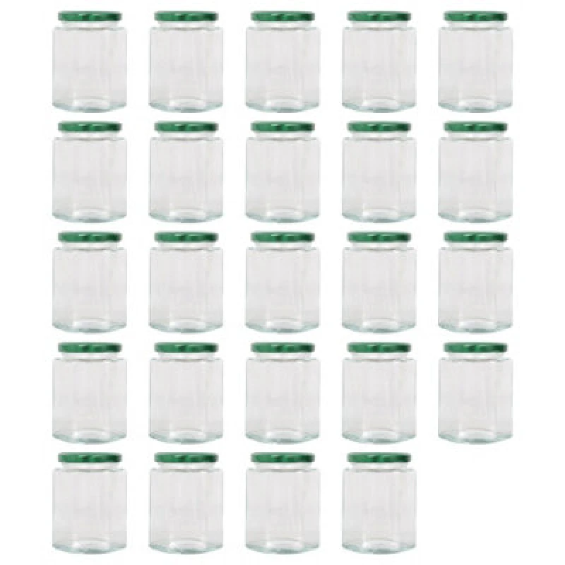Image of Argon Tableware Hexagonal Glass Jam Jars With Green Lids - 250ml - Pack Of 24