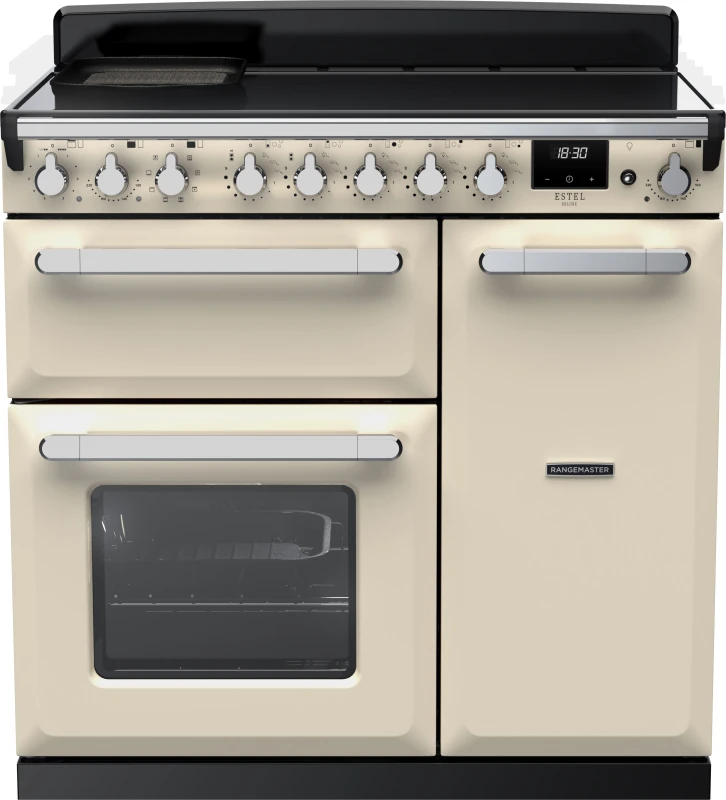 Image of Rangemaster Estel Deluxe ESDL90EIPPCR/CM1 90cm Electric Range Cooker with Induction Hob - Cream / Chrome - A/A Rated