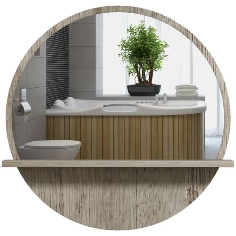 Image of Kleankin Round Mirror For Wall Makeup Mirror With Shelf Grey Wood Effect, Grey 834-604V00GY