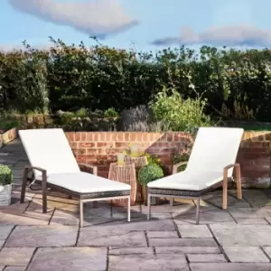Image of Garden Patio Furniture Set of 2 Rattan Sun Lounger Chairs with Cushions & 6 Adjustable Height Positions, Reclining & Foldable Sunloungers - Cream