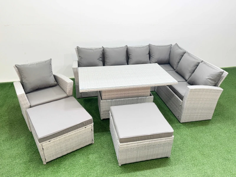 Image of Fimous 9 Seat Rattan Garden Furniture Corner Sofa Set with 2 Big Footstools in Light Grey Light Grey Unisex
