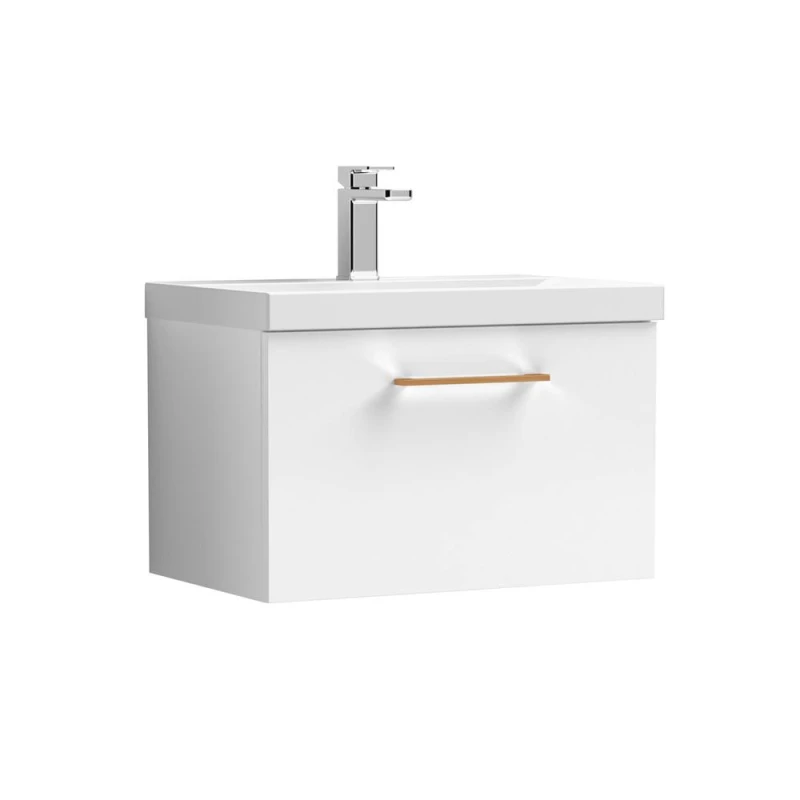 Image of Balterley 600mm Wall Hung 1 Drawer Vanity Basin Unit, Gloss White, Copper Handle in White White Unisex