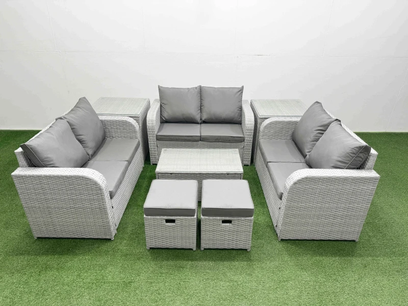 Image of Fimous 8 Seater PE Wicker Rattan Furniture Sofa Sets with Rectangular Coffee Table 2 Seater Love Sofa 2 Stool 2 Side Table Light Grey Light Grey