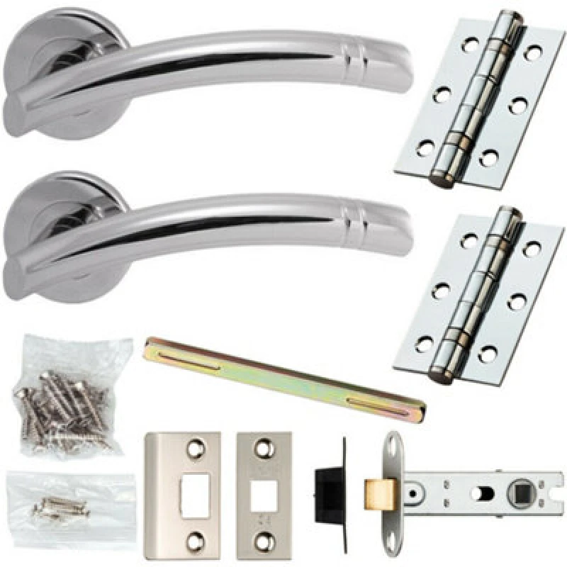 Image of Loops Door Handle & Latch Pack Chrome Modern Curved Ring Bar on Screwless Round Rose Multi