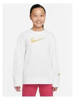 Image of Nike Older Girls Nsw French Terry Boyfriend Fit Crew Neck Top - White/Grey, Size L=12-13 Years, Women