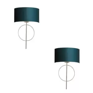 Image of 2 PACK Antique Silver Leaf Wall Light & Teal Satin Shade Dimmable Filament Lamp