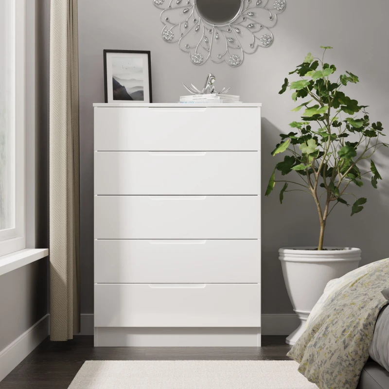 Image of Welcome Furniture Ready Assembled Milan 5 Drawer Chest In White Gloss & White MIL012WGW