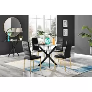 Image of Furniture Box Novara Black Leg Round Glass Dining Table and 4 Black Velvet Milan Gold Leg Chairs