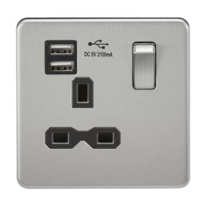 Image of KnightsBridge 1G 13A Screwless Brushed Chrome 1G Switched Socket with Dual 5V USB Charger Ports - White Insert
