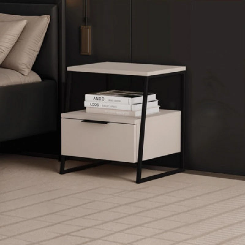 Image of FWStyle FWStyle Sandstone 1 Drawer Bedside Table Nightstand Black Metal in Beige Beige One Size Unisex 5056413133182