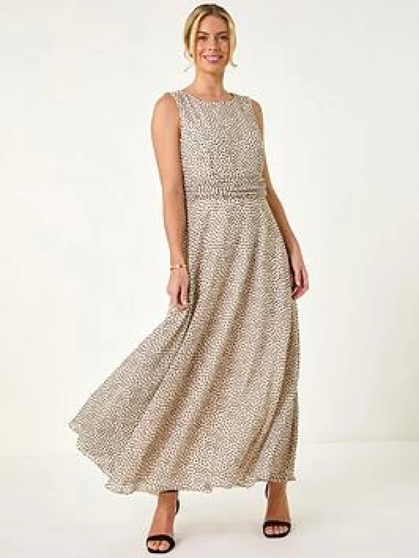 Image of Roman Womens Petite Spot Print Ruched Waist Midi Dress in Ivory Size: 18 Ivory Female 18