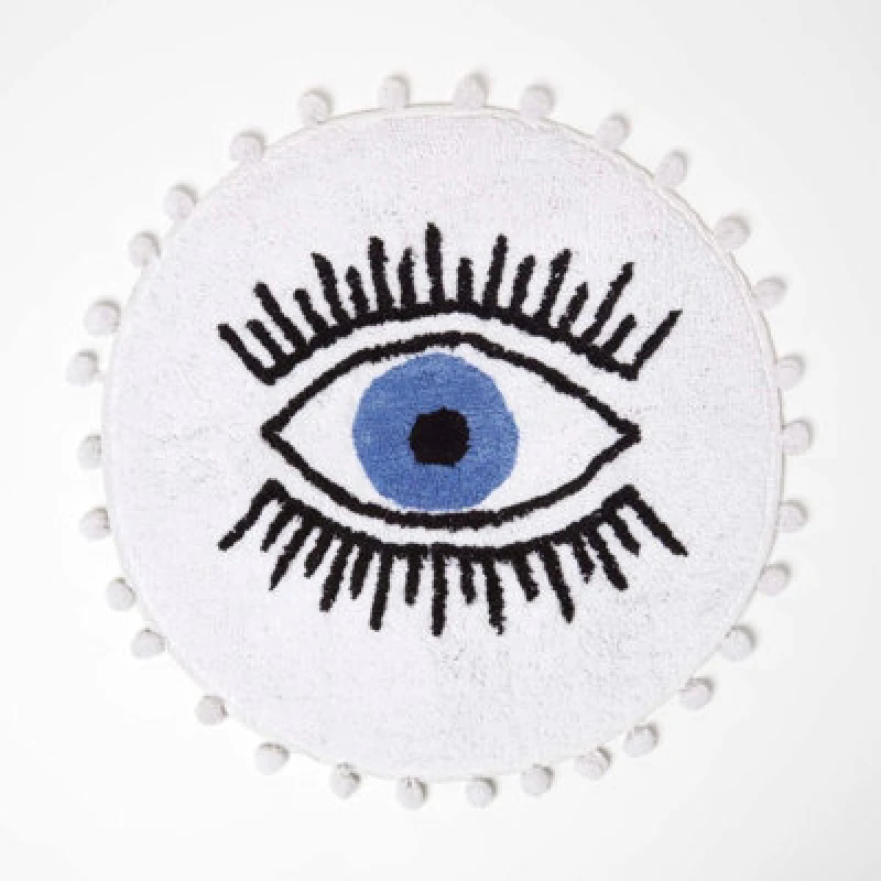 Image of Homescapes Eye See You Natural Cotton Bath Mat with Pom Pom Edges Blue unisex