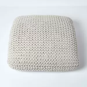 Image of Natural Square Cotton Knitted Pouffe Floor Cushion - Natural - Homescapes
