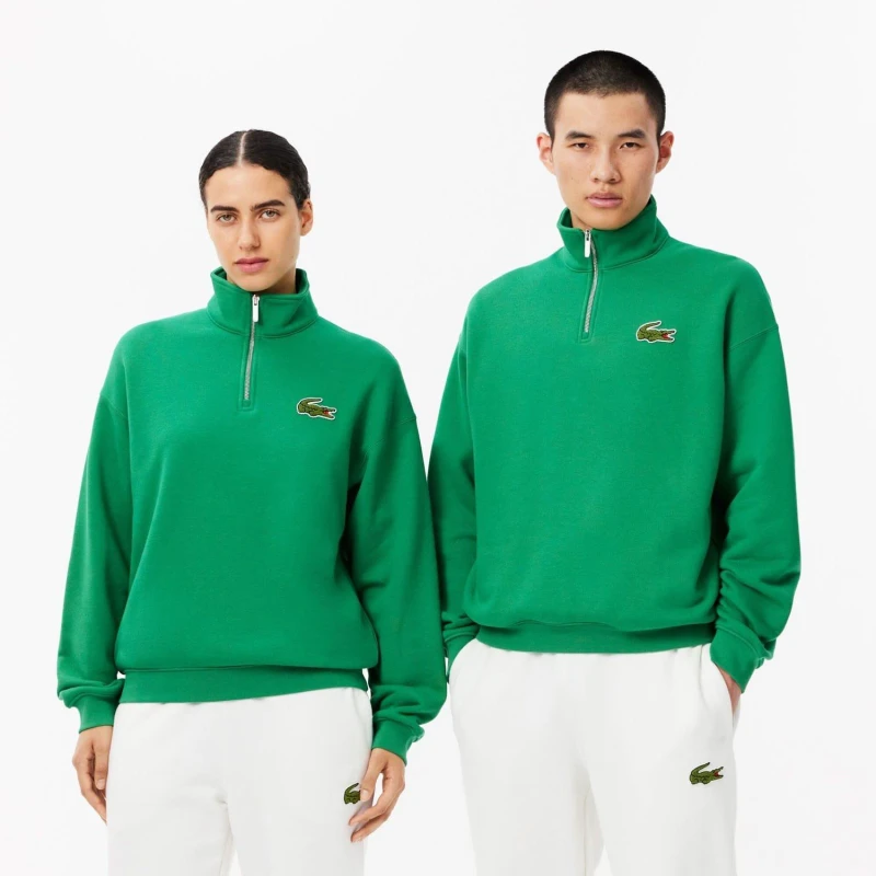 Image of Lacoste Loose Fit Zip Neck Badge Accent Sweatshirt Green male 2XS