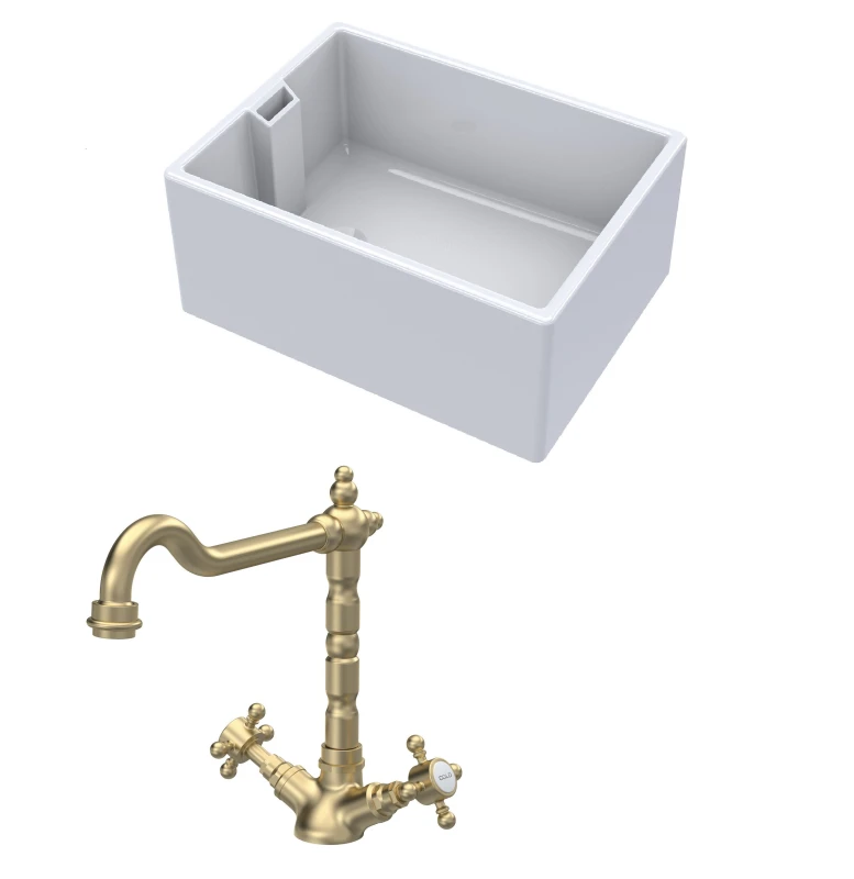 Image of Balterley Fireclay 1 Bowl Belfast Sink Tap Brushed Brass 615mm White unisex