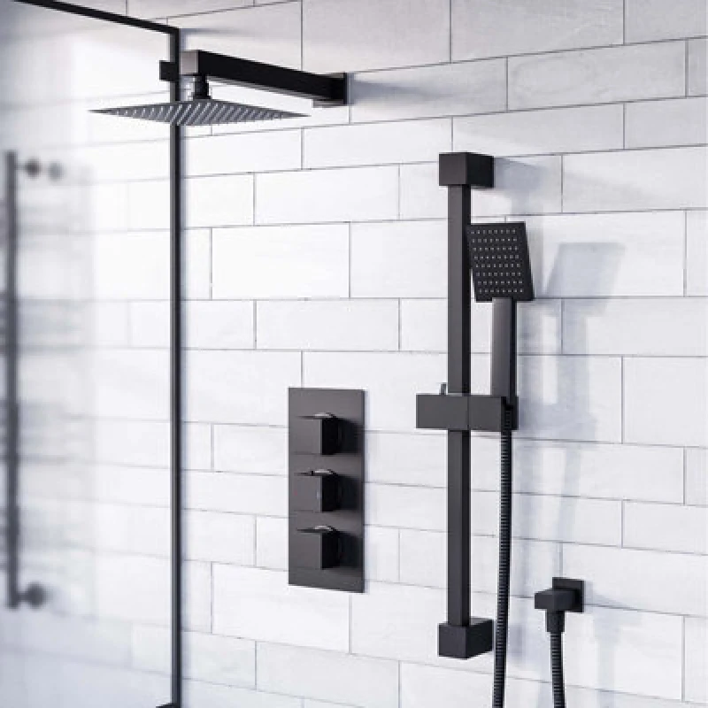 Image of Nes Home Concealed Thermostatic Mixer Valve, Slider Rail & Shower Head Set Matte Black