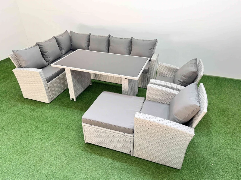 Image of Fimous 9 Seater Wicker Rattan Corner Sofa Sets with Big Footstool Light Grey Light Grey Unisex