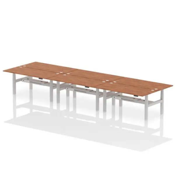 Image of Air Air Back-to-Back 1800 x 800mm Height Adjustable 6 Person Bench Desk Walnut Top with Cable Ports Silver Frame HASCP6P18800WNTS