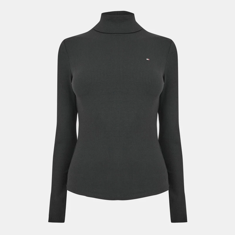 Image of Tommy Hilfiger Womens Slim Rib Roll Neck Slim Fit Long Sleeve T-Shirt Black female 10 (S)