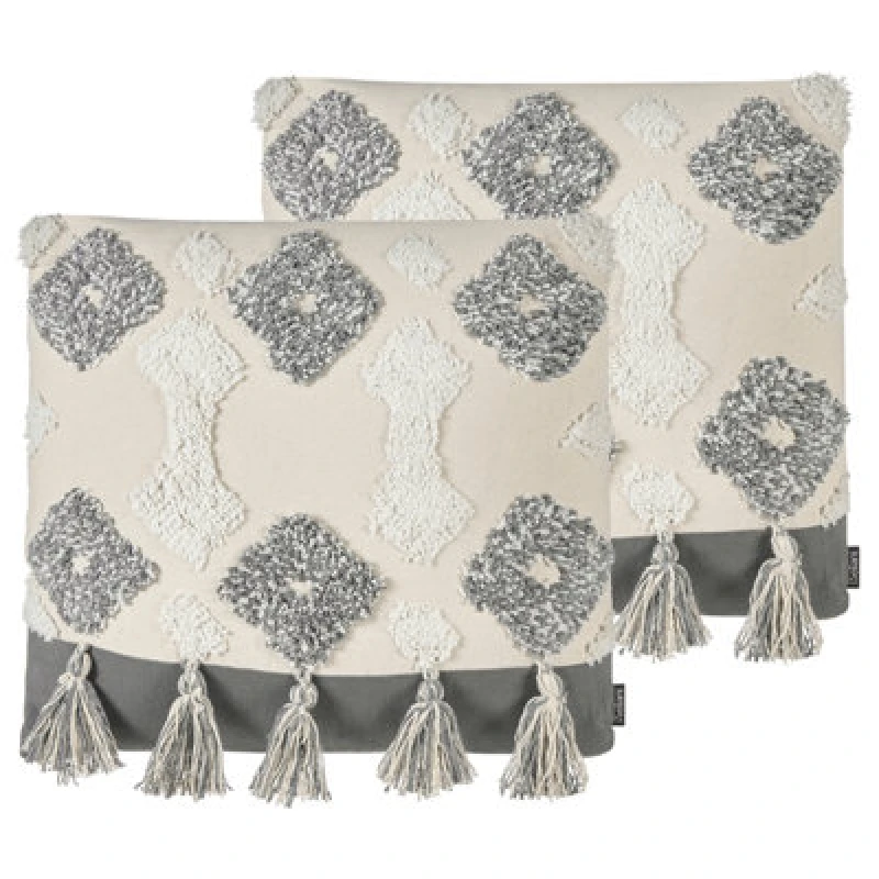 Image of Beliani Set Of 2 Decorative Cushions Alocasia Cotton 45 X 45cm Beige Geometric Pattern