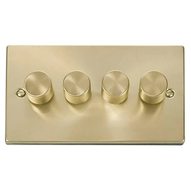 Image of SE Home Satin / Brushed Brass 4 Gang 2 Way LED 100W Trailing Edge Dimmer Light Switch. Gold